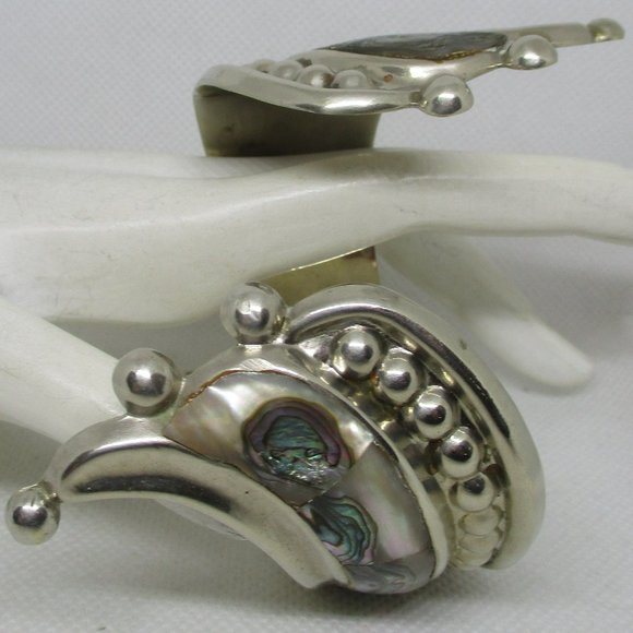 Wide ABALONE MEXICAN SILVER Bracelet Mexican Silver Abalone Swirl Clamper Cuff - Picture 10 of 14